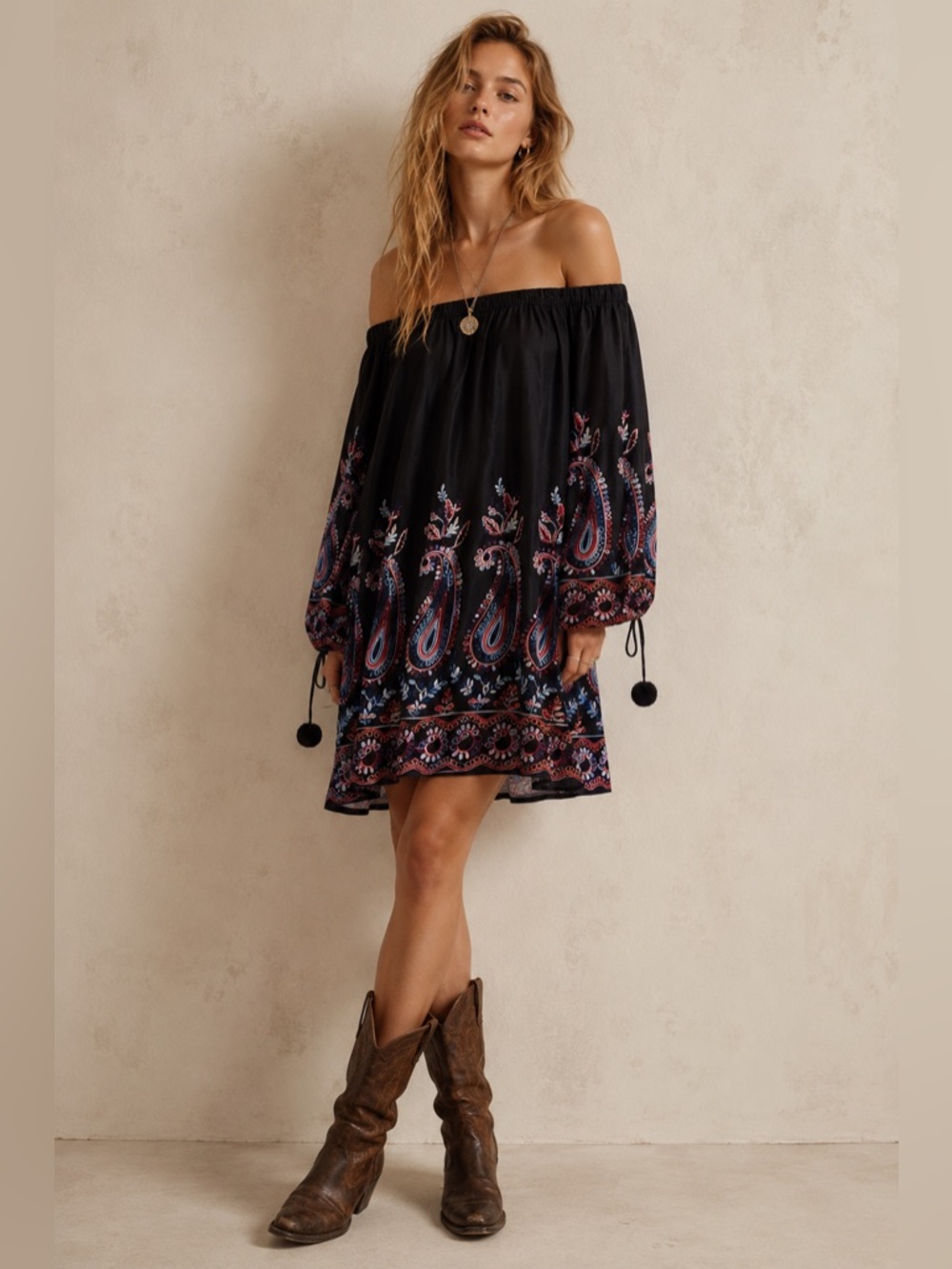 Nicole Miller Black Embroidered Boho Paisley Midi Dress Size 10